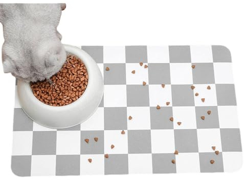 Mateju Napfunterlage Hund Katzen, Hund rutschfest Saugfähig Schnelltrocknend Futtermatte Hunde Katzen Matte, Schachbrettmuster Napfunterlage Katze Hundenapf Unterlage (Hellgrau,60x90cm)