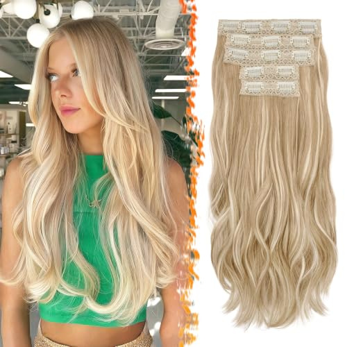 BARSDAR Clip in Hair Extensions Blond, 50cm Wellige Clip in Haarverlängerungen für Frauen 5PCs Voller Kopf Haarextension Synthetisches Haarteil Extensions - Mittelblond Gemischt