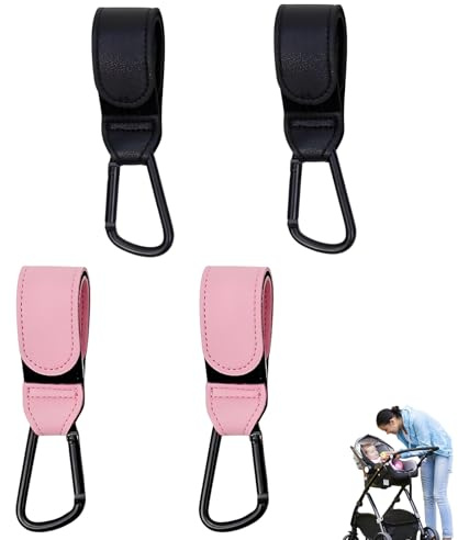 4 PCS Pram Hooks for Bags, for Pram for Stroller Diaper Bag Shopping Cart Pushchair Backpack (Black and Pink）