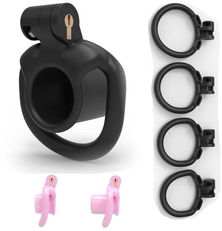 Gabbia di castità invertita, dispositivo di castità maschile, set di giocattoli sessuali con 4 anelli fallici, leggero, traspirante e invisibile -A63IT (Nero, Lungo)