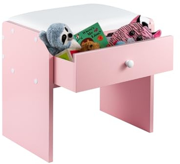 CROWNSHOP Wooden Vanity Stool with Storage Drawer for Dressing Table, Bedroom and Living Room Chair in Pink