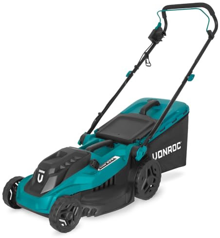 VONROC Tondeuse à Gazon VONROC – 1600W – Largeur de Coupe 38 cm – Cinq hauteurs de Coupe réglables : 25/40/50/60/70 mm – Bac de ramassage 42L Inclus