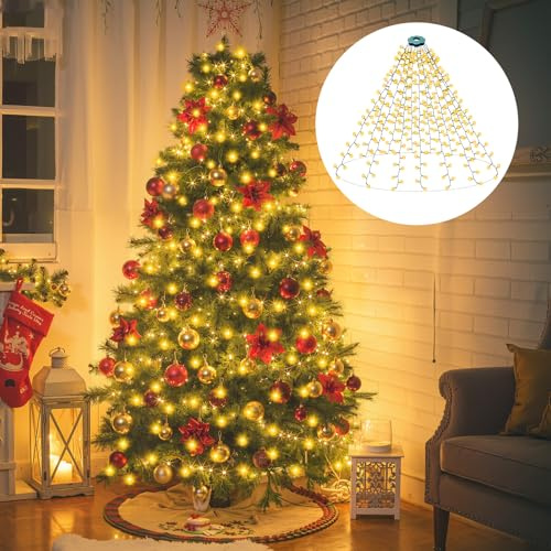 Rintea Waterfall Christmas Tree Lights Indoor, 6.6FT x 16Line 400LEDs, Warm White Xmas Tree Lights Waterproof, Plug-in, 8 Modes for Indoor and Outdoor Use