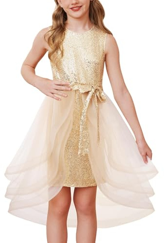 GRACE KARIN Mädchen Pailletten Kleid Festliches Ärmellos Partykleider Elegante Prinzessinnenkleider Hochzeit Tüllkleid Champagne Gold 8 Jahre
