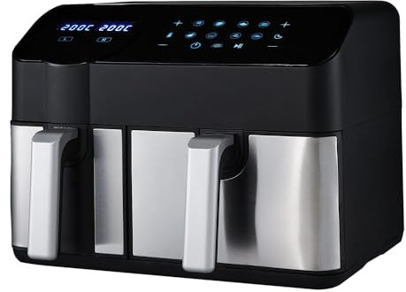 KOMORE 9.5L Dual Zone Digital AirFryer, 2 Drawers, 2400W Energy-Saving, 8-in-1 Compact Air Fryer with Touch Screen, Rapid Air Technology, Timing, Oil-Free, Non-Stick, Dishwasher Safe, Black