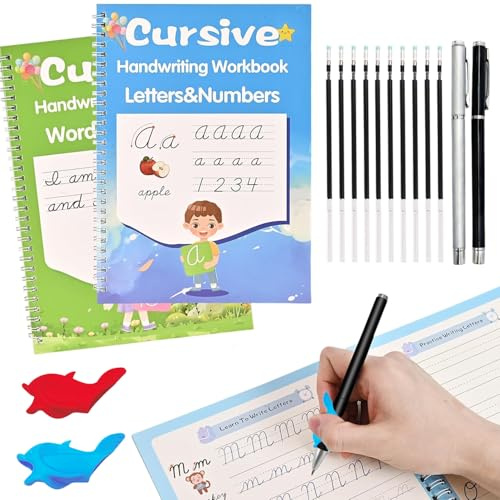 Lot de 2 cahiers d'écriture cursive rainurée pour enfants et adultes, ensemble de cahiers d'exercices cursifs réutilisables avec stylos et recharges, pour apprendre à écrire des scripts cursifs