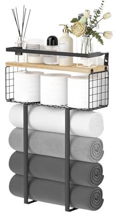 FANSHINUO Toallero vertical de madera montado en la pared para baño, 2 capas, almacenamiento con rejillas, diseño de rejillas, marco de metal, estante de madera