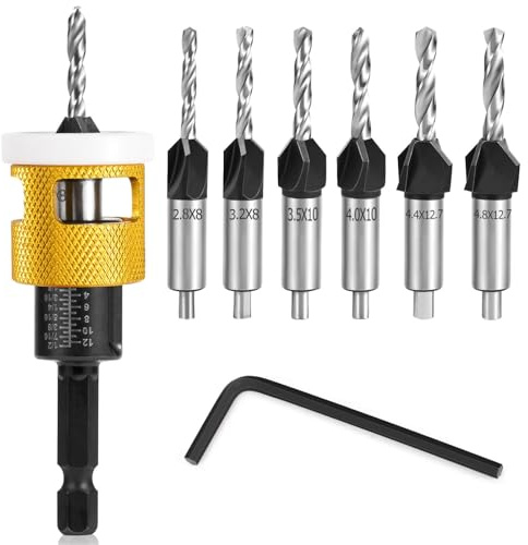 8PCS Countersink Drill Bit Set with Low Friction Depth Stop, Replaceable HSS Pilot Drill, Multi-Size Bits, 1/4 Hex Shank, Precision Woodworking Tool for Wood