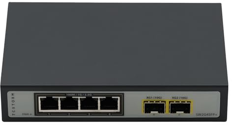 TEXTORM Switch 4 Ports 2.5 GbE + 2 Ports SFP+ 10G - SW2G4SFP+ - Non manageable - RJ45 10/100/1000/2500 Mbps+2 Ports SFP+10G - Silencieux - Plug & Play - Usage Domestique et Professionnel