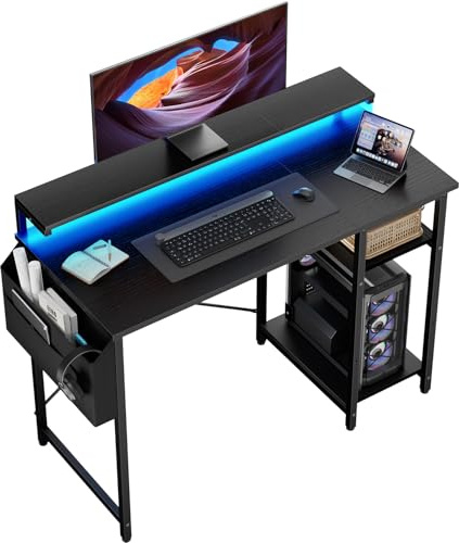 SOLAVERO LED Escritorio 100 x 48 cm, Mesa Escritorio Pequeña con Soporte de Monitor, Mesa Ordenador con Bolsa de Almacenaje, Estante Ajustables, para Oficina en Casa, Estudio y Juegos, Negro