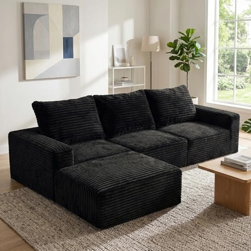 LNRLZYLS Divano angolare modulare nero, 3 posti, senza montaggio, comodo divano lounge con cuscino, tessuto in velluto di alta qualità e schiuma ad alta densità, moderno divano letto da pavimento per