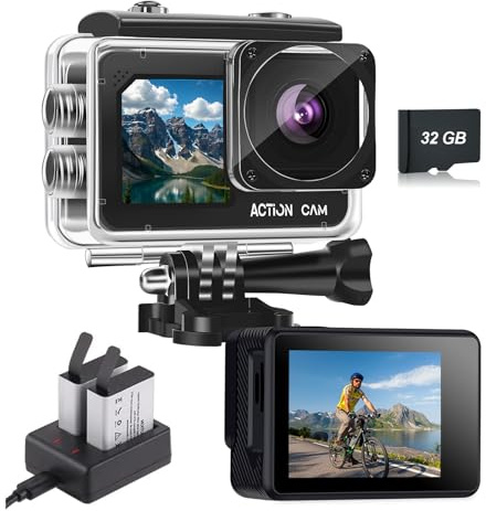 Nvgfelis Action Camera FHD 1080P 16MP with 32GB Memory Card - 131FT/40M Waterproof Dual Screen Sports Camera,2X Batteries & Multifunctional Accessories Kit for Helmet, Bicycle