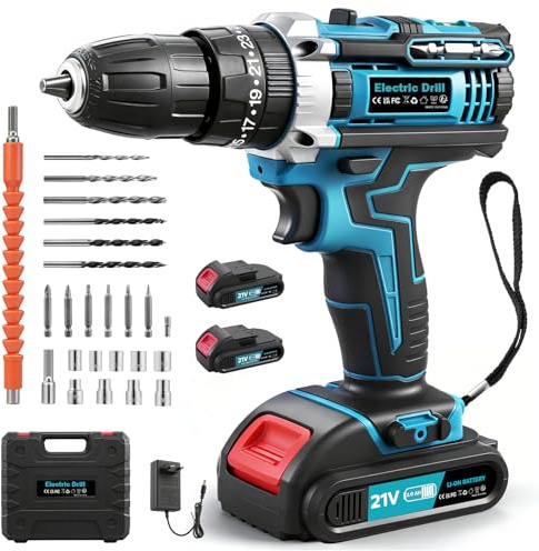 Teodute 21V Destornillador Electrico, Taladro Percutor a Bateria con Batería 2000mAh, 25+3 Ajustes Par Máx 50Nm con 2 Baterías y Cargador Rápido, para Jardín Hogar y Bricolaje