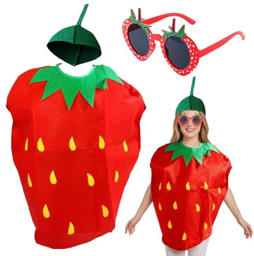 JhavexToy Disfraz de Fresa con Gafas de Sol en Forma de Fresa Juego de 2 Piezas, Disfraz de Fruta para Cosplay, Halloween, Carnaval y Fiestas Temáticas, Accesorio Divertido para Representaciones