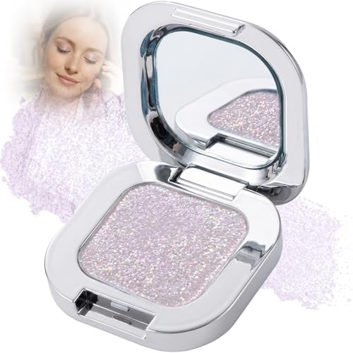 Crystal Lilac Shimmer Glitter Eyeshadow – Iridescent Lilac Sparkle with Multidimensional Pearl Glow, High Waterproof Pressed Powder, Smooth Blendable Texture in Metallic Compact