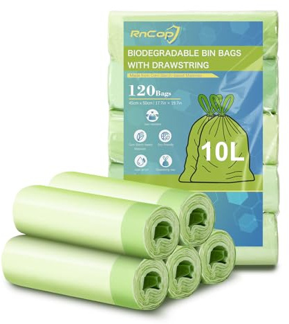 RnCop 10L Biodegradable Bin Bags with Drawstring Tie Handle, 120 counts Bin Liners Food Waste Bags Strong Trash Bags(45 x 50cm)