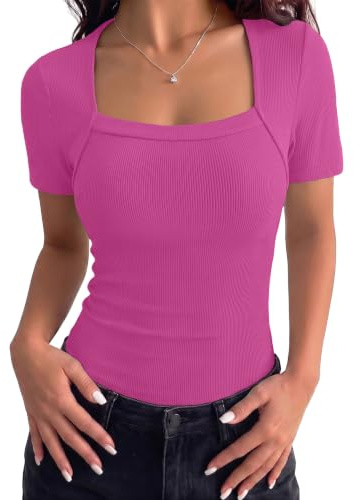 Aottori T Shirt Donna a Coste Manica Corta Slim Fit Estiva Fucsia XXL