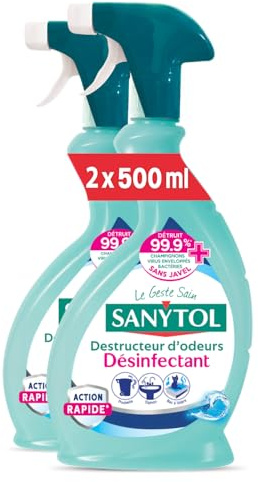 Sanytol - Désinfectant Destructeur d'Odeurs - Senteur Marine - 500 ml - Lot de 2 - Action Rapide - Bactéricide, Virucide - Fongicide - Sans Javel - Pour Siphons, Litières, Poubelles