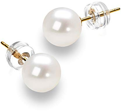 Simple 14K Gold White Real Freshwater Cultured Pearl Earrings Studs for Women (6mm)
