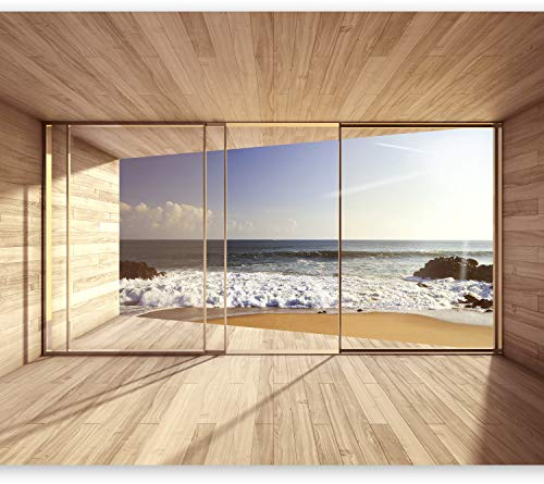 murando Fototapete selbstklebend Meer Fenster 147x105cm Foto Tapete Tapetenfolie Möbelfolie Wandverkleidung Wandtapete Motivtapeten Bildtapete Wohnzimmer 3d Effekt Modern See Natur Landschaft 3D Holz