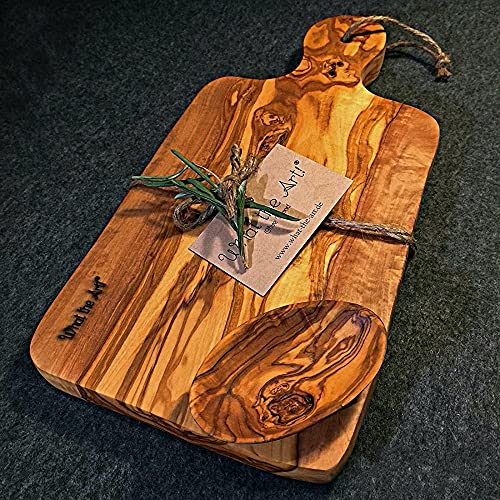 What the Art!® Olive Wood «Le Provençal» Gr. XL | Olivenholz Schneidebrett inkl. Dip-Schälchen | Handarbeit | 40 x 17 x 2 cm | Käsebrett - Servierbrett - Brotzeitbrett - Vesperbrett