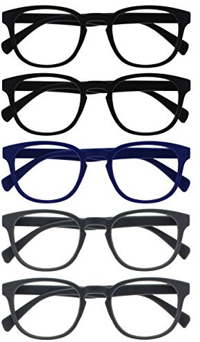 OPULIZE Pop Lesebrille 5er Pack Keck Rund Matt Rahmen Federscharniere Kratzfest Schwarz Blau Grau Herren Damen RRRRR2-11377 +3.00