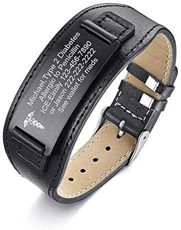 Vnox Braccialetto da Uomo in Pelle con ID Medico Personalizzato da Uomo in Pelle Intrecciata Bracciale con Avviso Medico per Uomo Coppia con Nomi di Famiglia - Regalo di Natale di Compleanno
