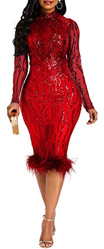 VERWIN Sequins Patchwork Bodycon Maxi Dress - Women's Long Sleeve Elegant Party Dress (Medium, Red)