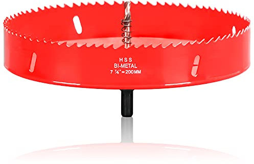 200mm HSS Bi-Metal Hole Saw, Red Finish Corn Hole Cutter in 30mm Cutting Depth for Wood Boards, Soft Metal Sheet, Drywall and Plasti