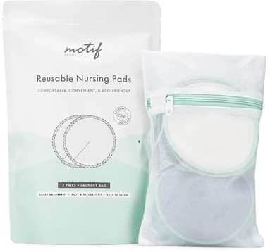 Motif Medical Reusable Nipple Pads for Breastfeeding - Washable Nursing Pads w/Laundry Bag - PUL Waterproof Back & Leak-Proof Bamboo Nursing Pads - Lactation Pads for Women (7 Pairs)