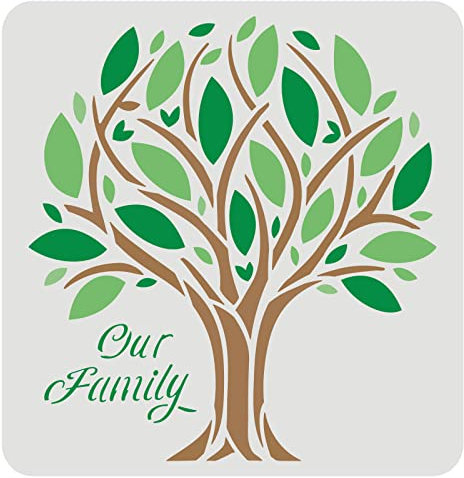 FINGERINSPIRE Pochoir arbre généalogique 30x30cm Famille disant grand arbre avec nos mots de famille Pochoir réutilisable pour décoration d'intérieur pour peinture sur mur de sol en bois