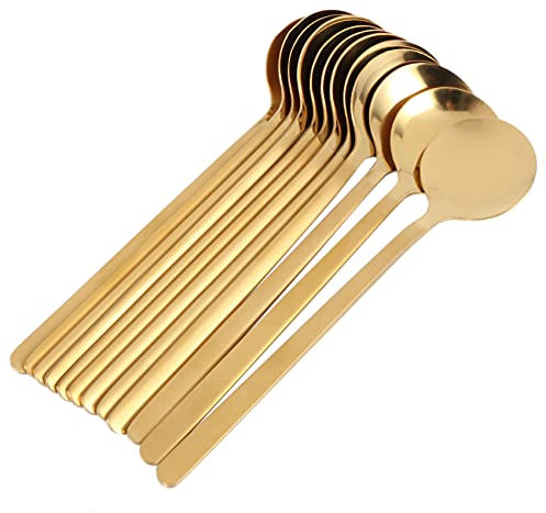 Peukerty Juego de 12 cucharillas de café redondas de acero inoxidable, mini cucharas de té, azúcar, postre, helado, cucharilla de sopa, accesorios de cocina (dorado)