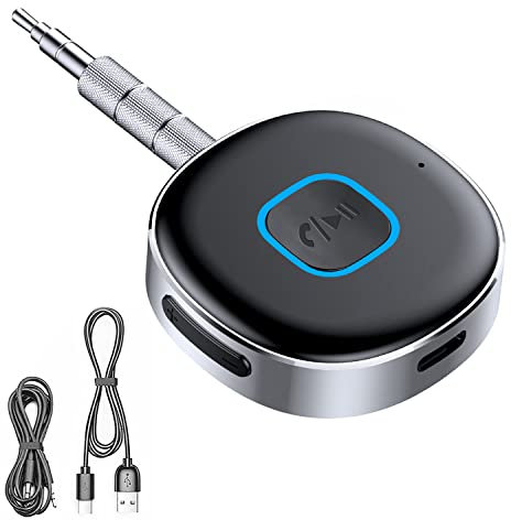 Car Bluetooth AUX Adapter, Car Bluetooth receiver Bluetooth 5.0 Receiver for Home Stereo/Speaker/Wired Headphones, Portable 3.5mm AUX Car Adapter, Hands-free Calls, Dual Connection, 16H Playtime