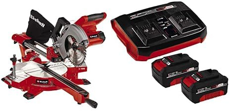 Einhell Scie à onglet radiale sans fil TE-SM 36/210 Li-Solo Power X-Change (lithium-ion, système de glissière, laser de visée indiquant la ligne de coupe) avec double chargeur et 2 batteries 4,0 Ah