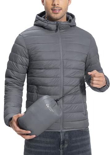 Pioneer Camp Leichte verstaubare Pufferjacke für Herren, mit Kapuze, isoliert, thermisch, bauschig, Winterjacken für Laufen, Reisen, grau dunkel, XXL
