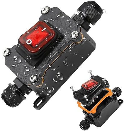 KarlKers 12V Inline Cord Switch IP67 Waterproof, Outdoor ON/Off Toggle Switch DC 12V-24V with Red LED Rocker Button, 20A 12 Volt Two-Side Entry and Exit Line