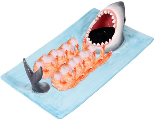 Foribyw Plato para servir sushi, 33 x 20 cm, de cerámica, con forma de tiburón, plato de sushi, estilo japonés, plato artístico de porcelana con soporte para salsa de soja