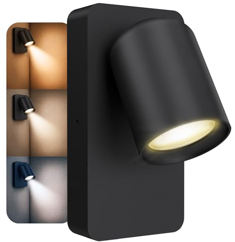 SSC-LUXon NERU Wandleuchte schwarz drehbar USB GU10 3 Lichtfarben inkl LED | Leselampe fürs Schlafzimmer - drehbarer Kopf, USB-Port & Schalter, warm / neutral / kalt umschaltbar, inkl. GU10 LED