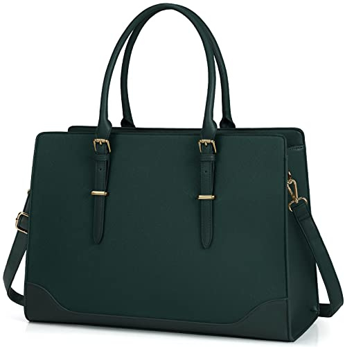 IGOLUMON Handtasche Damen Große Shopper Dunkelgrün Laptoptasche 15.6 Zoll PU Leder Arbeitstasche Umhängetasche Tote für Arbeit Schule