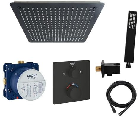 vanvilla Duschsystem Unterputz mit Duscharmatur Grohe schwarz GS08 | Duscharmatur von Grohe Grohtherm Thermostat Armatur und vanvilla Regendusche Duschkopf eckig, Dusch-SET schwarz matt