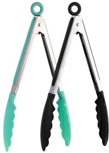 2 Pcs Silicone Kitchen Tongs with Silicone Tips BBQ Tongs Cooking Tongs Food Tongs for Cooking Serving Barbecue Buffet Salad Ice Oven Black and Green