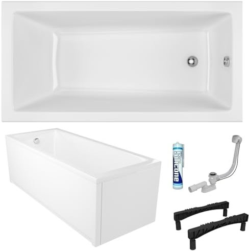 ECOLAM Badewanne Wave 140x70 cm + Schürze | moderne Wanne Rechteck Top QUALITÄT Acrylwanne I Ablaufgarnitur Füße Silikon Komplett-Set Design