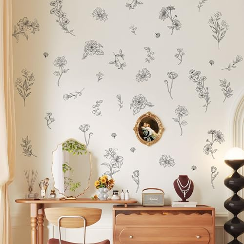 Decvictor Pegatinas de Pared Retro Boceto Flor silvestre, Vinilos Decorativos Pared 15 Hojas Jardín Floral, Adesivos Paredes Decoración para Salon Dormitorio Pasillo Oficina Sofá Fondo Muro