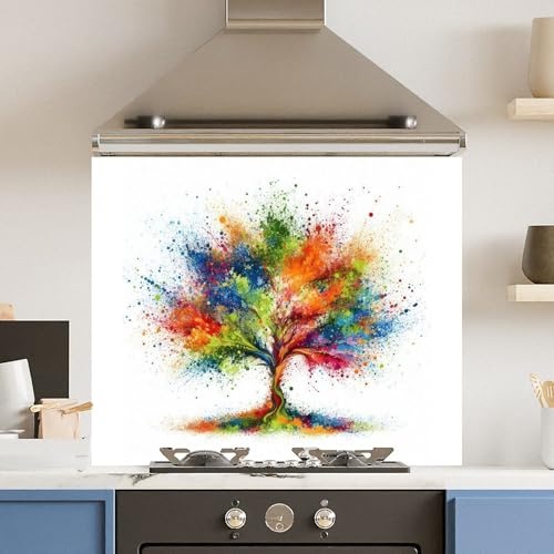 Toughened 6mm Glass Kitchen Splashback 90 x 75cm Rainbow Tree - Polished Edge Heat Resistant Back Splash for Cookers Hob