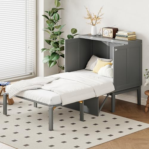 Schrankbett Murphy Bett 90x200 cm, Kinderbett Wandbett Wandklappbett Bettschrank vertikales Schrankbett mit Lattenrost, Tresen wird zum Bett, Platzsparendes Einzelbett Jugendbett Funktionsbett, Grau