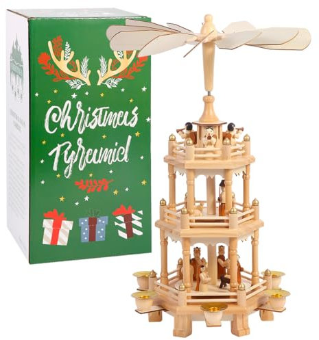 YeloZen Christmas Pyramids with 6 Candler Holders-18 Inches-3 Tiers Carousel-Wood Nativity Scene Set