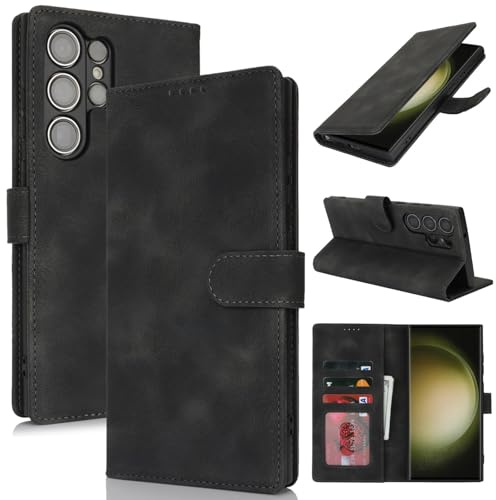 Zouzt Hülle für Samsung Galaxy S23 Ultra, Premium PU Leder, Vintage Schwarz | Handyhülle mit Kartenfächern, Magnet Klapp Schutzhülle, Stoßfeste TPU-Innenhülle, Frauen Männer, Leather Wallet Phone Case