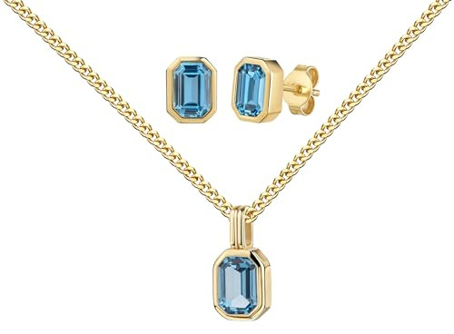 JEVELION Goldschmuck-Schmuckset Zirkonia-blau Goldanhänger und 2x Ohrstecker 585 Gold, 14 Karat 14K für Damen Mit Kette 925 Silber vergoldet - Kettenlänge 45 cm.