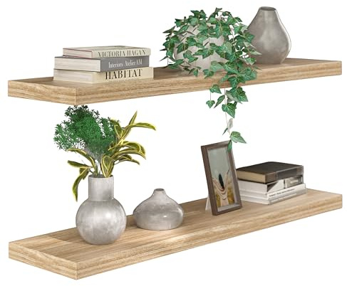Casaria® 2X Wandregal Holz Eiche Regal mit Halterung 15kg Tragkraft Hängeregal Küche Wohnzimmer Flur Wand Schweberegal Bücherregal Regalbrett Schwebend 50cm