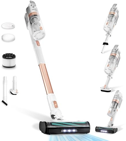 Levoit Aspirateur Balai sans Fil Anti-Enchevêtrement,5 Couches Filtre à 99,9%, jusqu'à 50 Mins, Lumière LED, Accessoires 4 en 1 pour Poils d'animaux,LVAC200 Rose